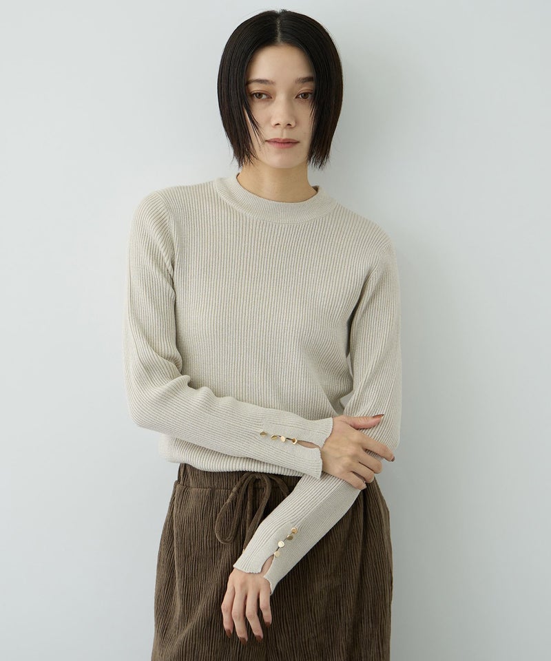 Free Nature ラメリブ袖ボタンハイネックニットプルオーバー レディース商品画像-2