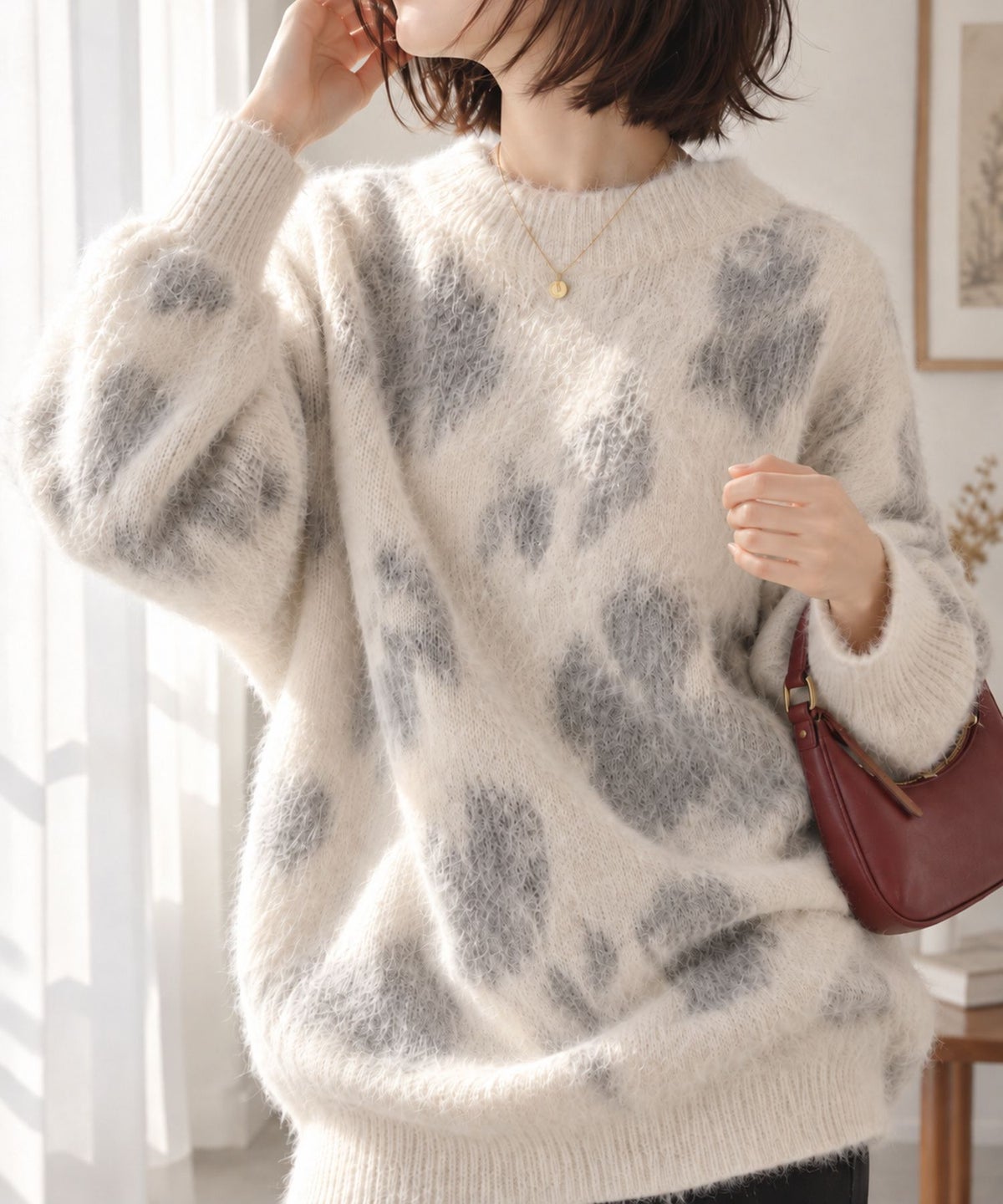 Free Nature 起毛フラワージャガードモックネックニット レディース