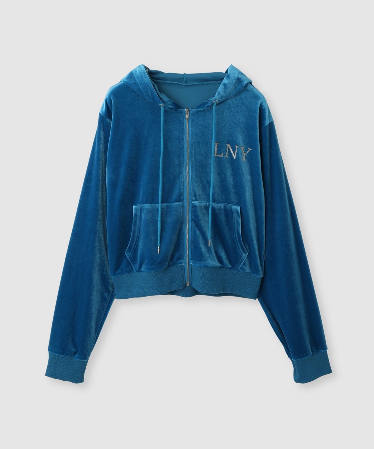 Little New York クロップド丈ベロアジップフーディー ロゴ刺しゅう レディース