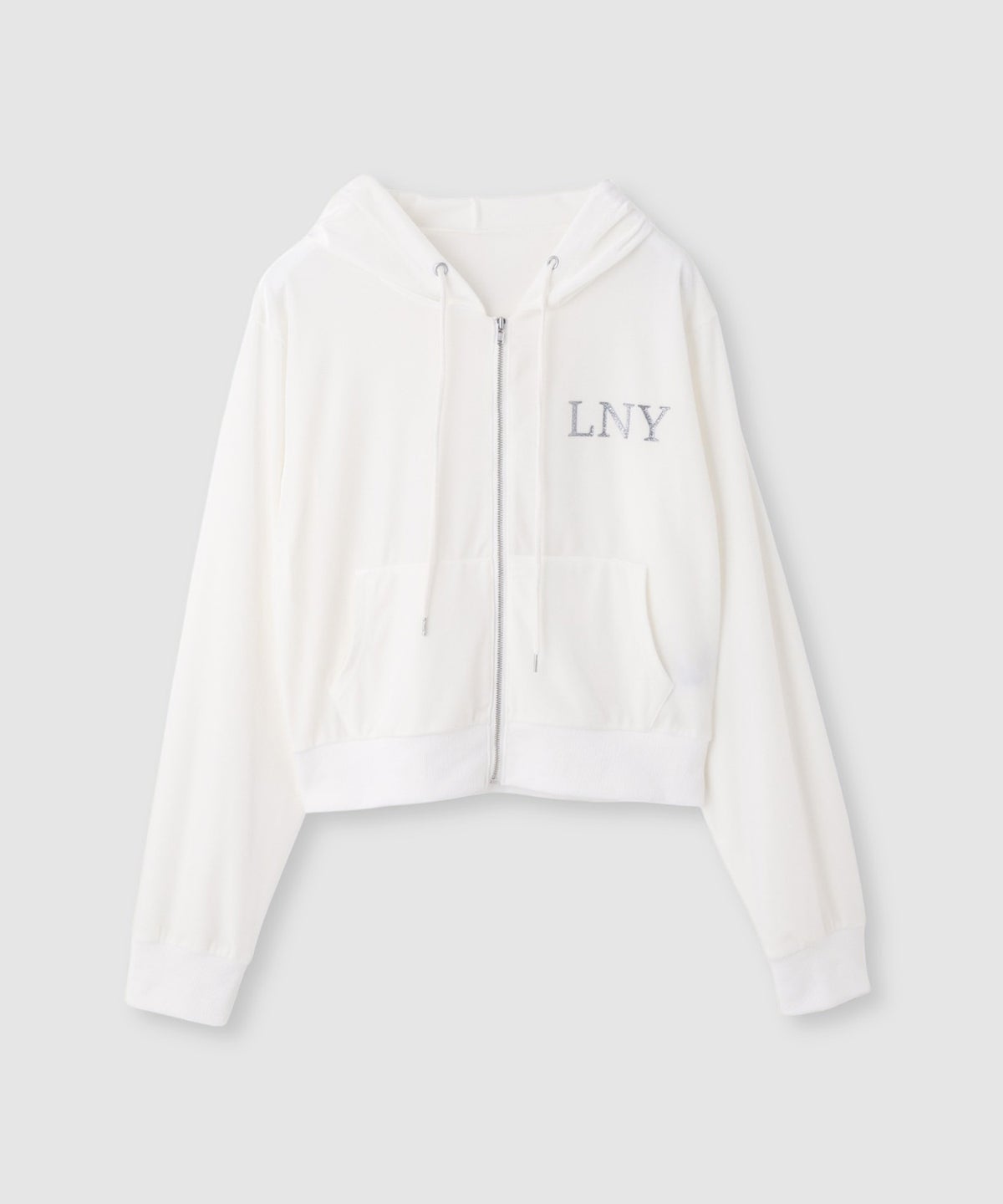 Little New York クロップド丈ベロアジップフーディー ロゴ刺しゅう レディース