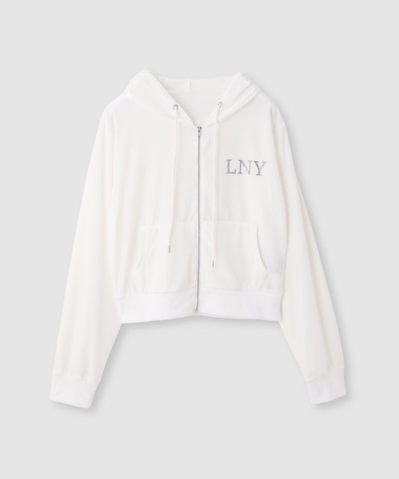 【先行予約10%OFFクーポン対象|10/23より順次発送】Little New York クロップド丈ベロアジップフーディー ロゴ刺しゅう レディース商品画像-20