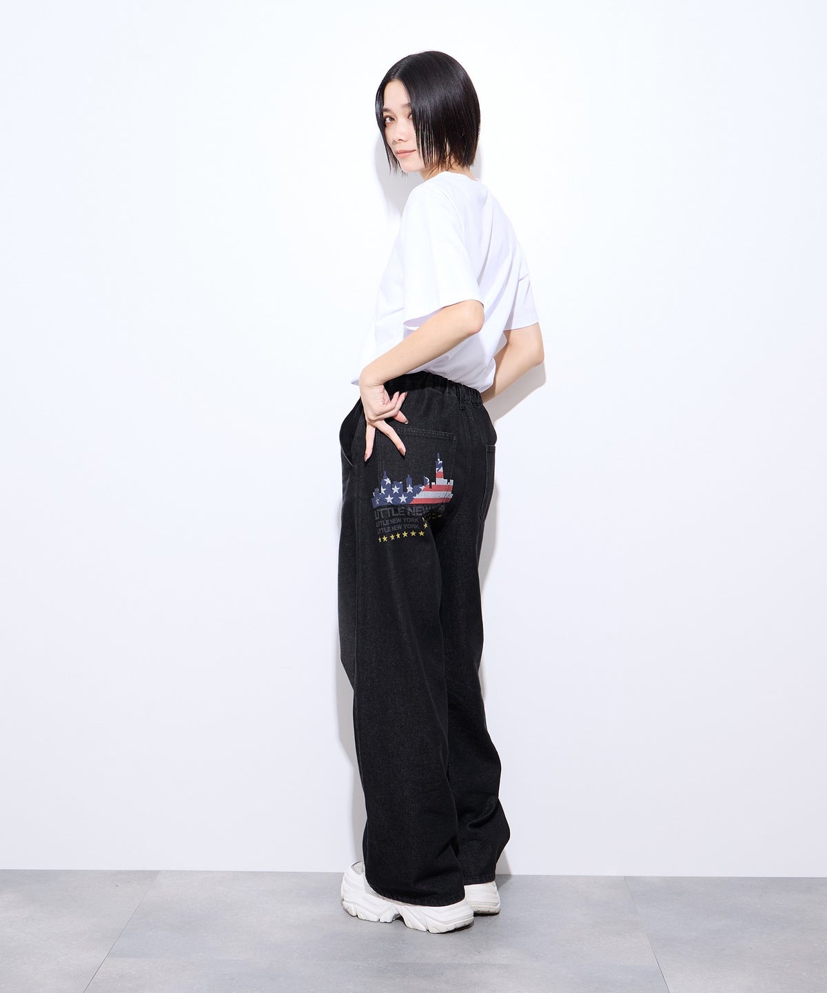 Little New York バックプリントデニムワイドパンツ レディース