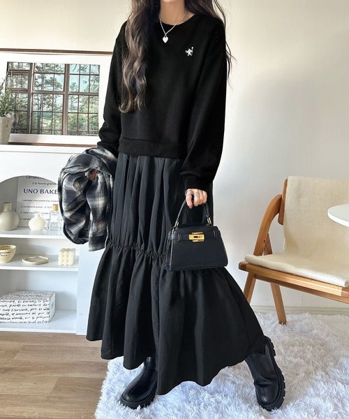 Classical Elf 一枚でコーディネートが完成する優秀アイテム◎胸刺繍ドロスト裏起毛ドッキングワンピース商品画像-4