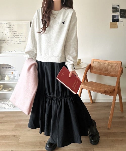 Classical Elf 一枚でコーディネートが完成する優秀アイテム◎胸刺繍ドロスト裏起毛ドッキングワンピース商品画像-19